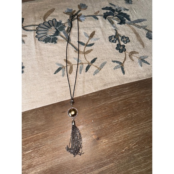 Chicos Gold Tone Medallion Tassel Pendant Necklace Black Cord - Picture 1 of 6